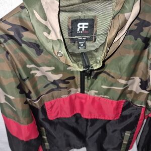Men's Camo Windbreaker Jacket - Green Camo & Red Accent
